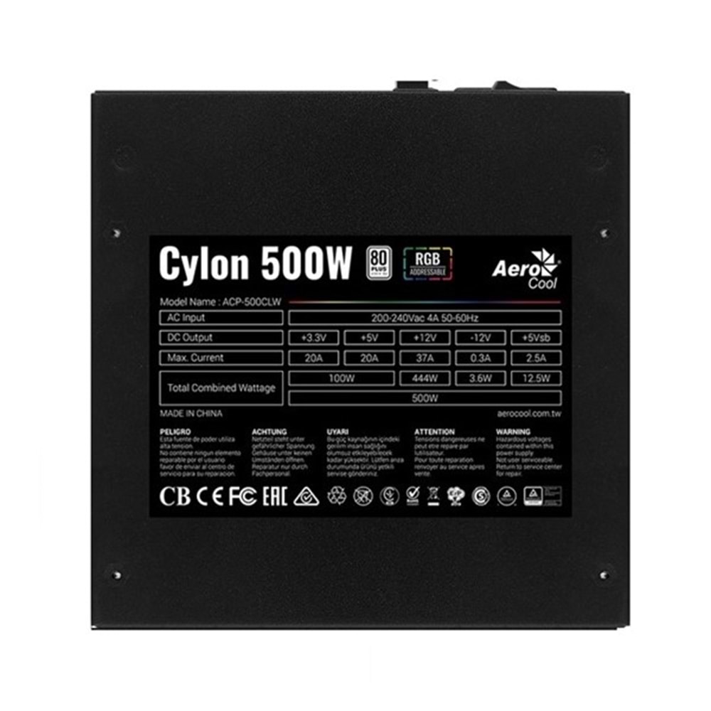 AEROCOOL 500W 80+ AE-CYLNP500 12cm Fanlı Aktif PFC Power Supply