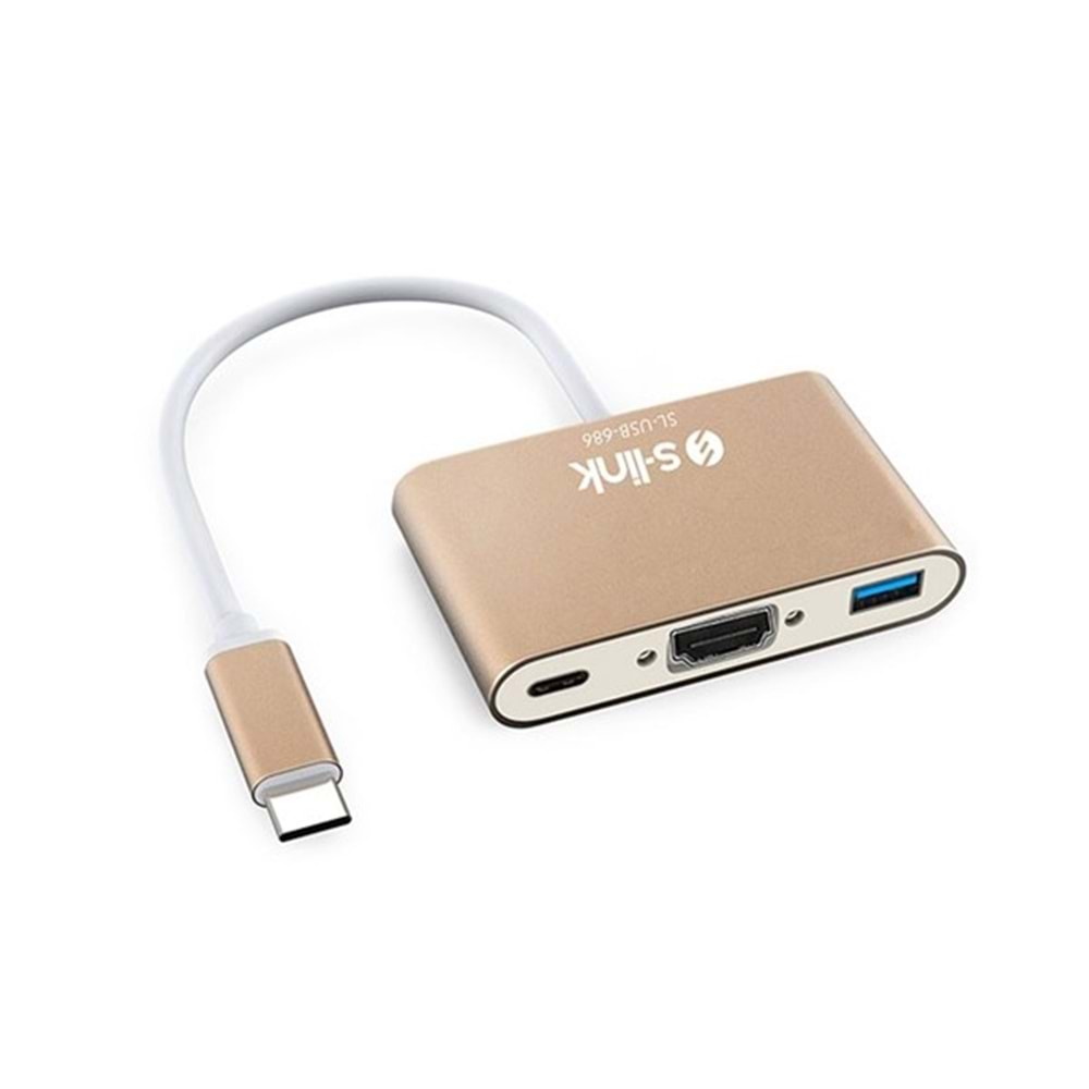 S-LINK SL-USB-C68 0.15metre TYPE-C - HDMI_USB 3.0 Çevirici Adaptör Gold 4K