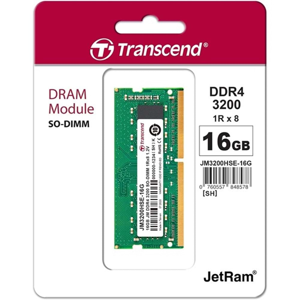 TRANSCEND 16GB DDR4 3200MHZ CL22 NOTEBOOK RAM VALUE JM3200HSB-16G