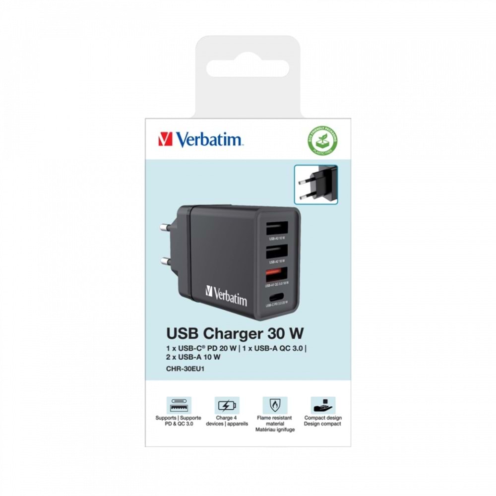 VERBATIM CHR-30EU1 30W 4 Bağlantı Noktalı USB Duvar Şarj Cihazı - Siyah