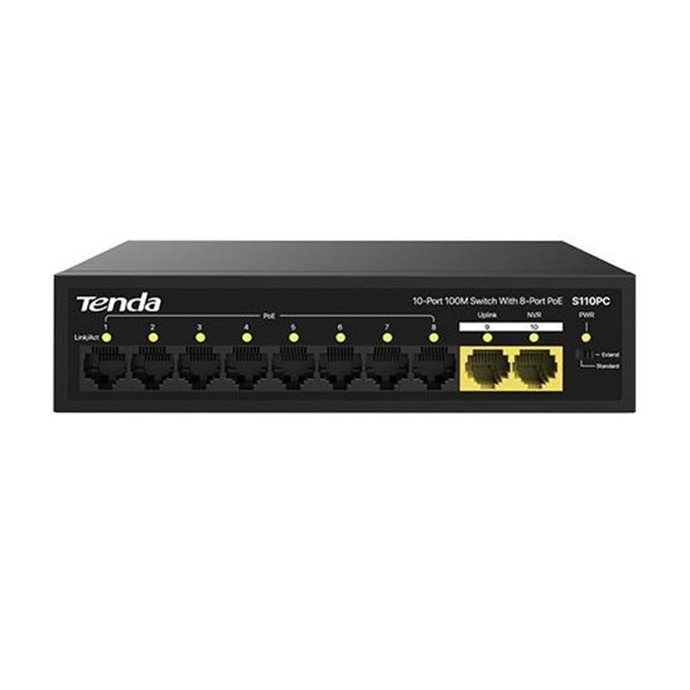 TENDA 10port 80w 8port PoE S110PC 10/100 2-Uplink Yönetilemez Switch