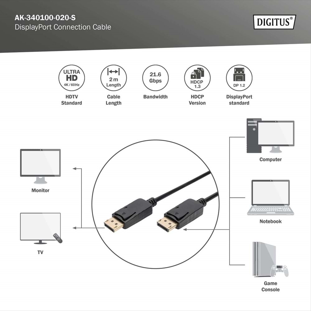 DIGITUS DP Görüntü Kablosu 2m (AK-340100-020-S)