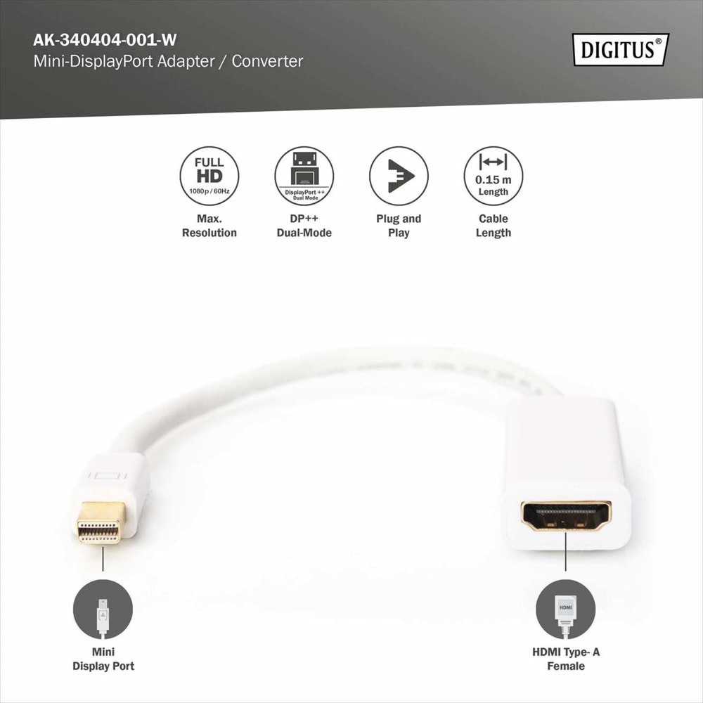 DIGITUS mDP-HDMI Görüntü Adaptörü 0,15m (AK-340404-001-W)