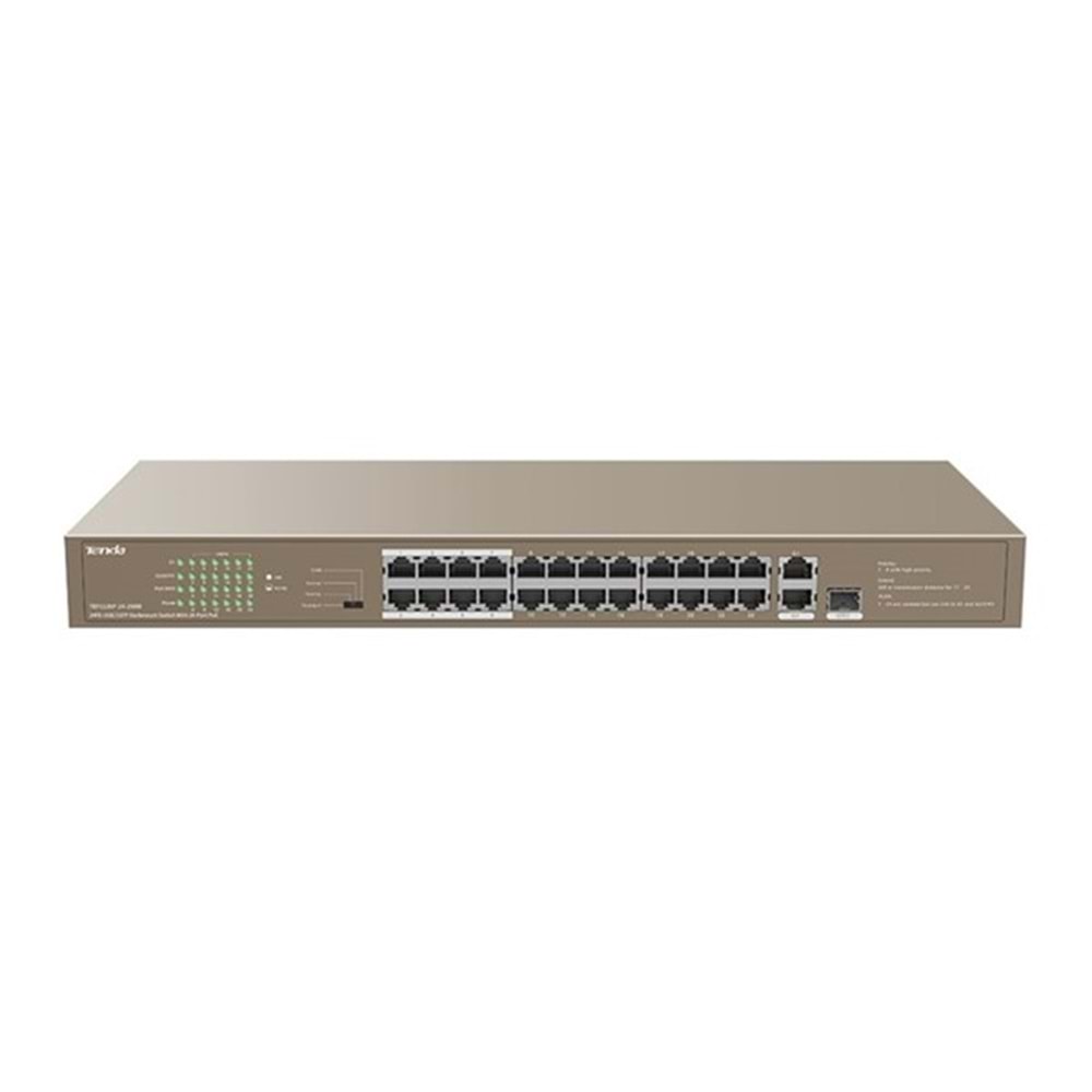 TENDA 24port PoE 250w 1-SFP 10/100/ 2-GbE Yönetilemez Switch TEF1126P-24-250W