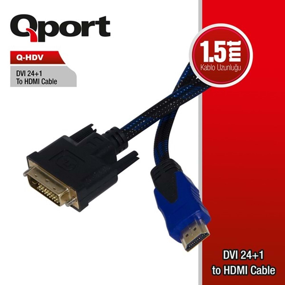 QPORT 1.5metre Q-HDV DVI (24+1)-HDMI Converter Çevirici Kablo