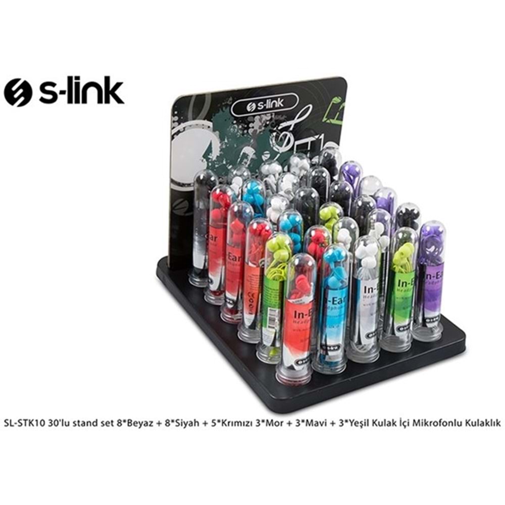 S-LINK SL-STK10 8*Beyaz 8*Siyah 5*Krımızı 3*Mor 3*Mavi Mikrofonlu Kulaklık 30'lu stand set