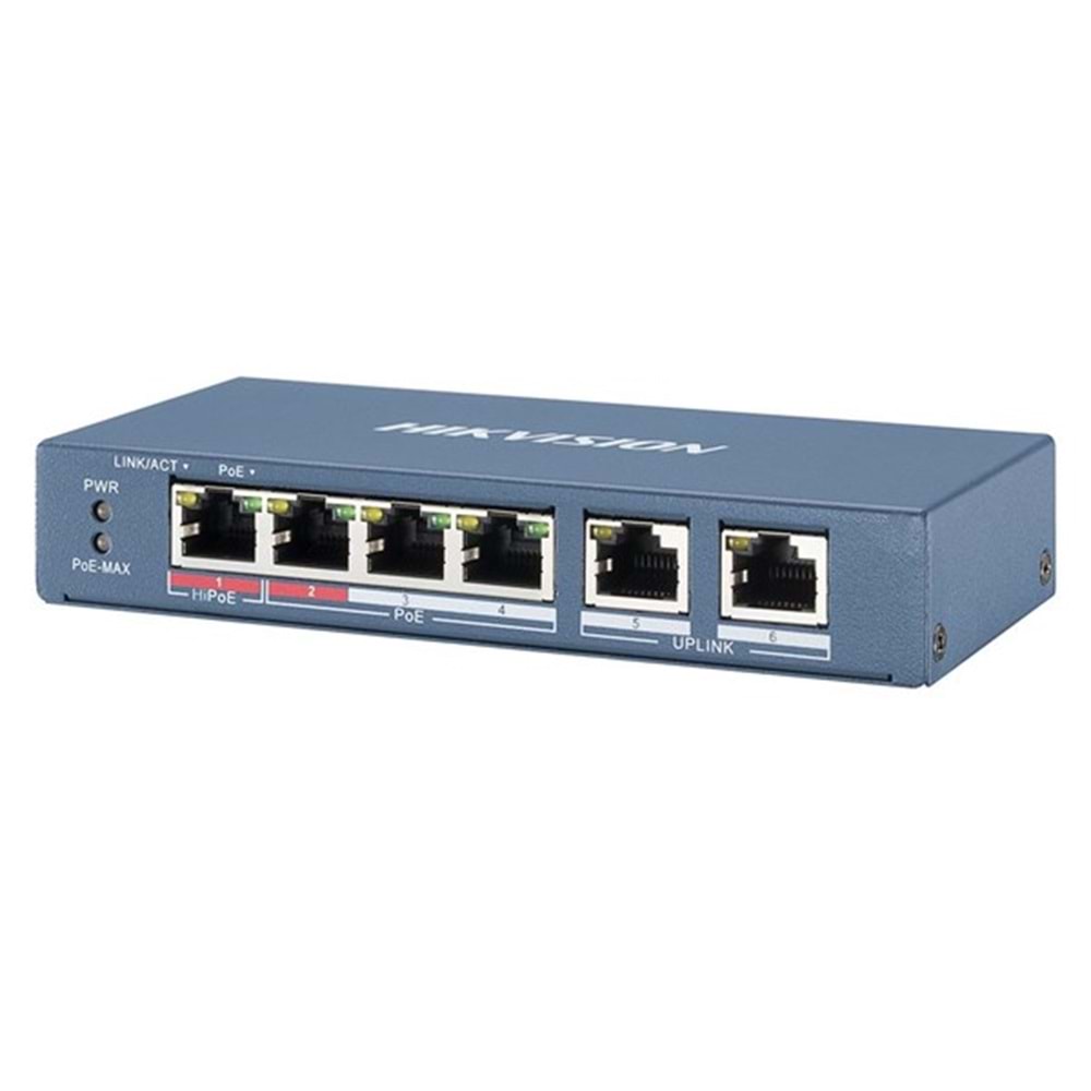 HIKVISION 4port PoE 65w 2-Uplink 10/100 Yönetilemez Switch Metal DS-3E0106HP-E