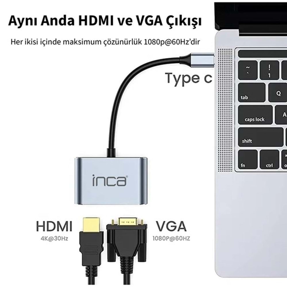 INCA ITPC-06T 0.15metre TYPE-C - HDMI_VGA(D) Görüntü Adaptörü Gümüş 100W