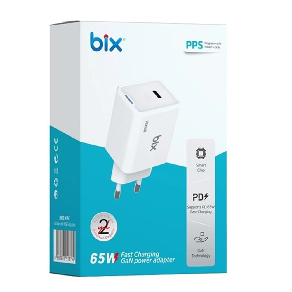 BIX BX1P65G-WE 65W ŞARJ ADAPTÖR (TYPE-C) Beyaz PPS ÖZELLİKLİ