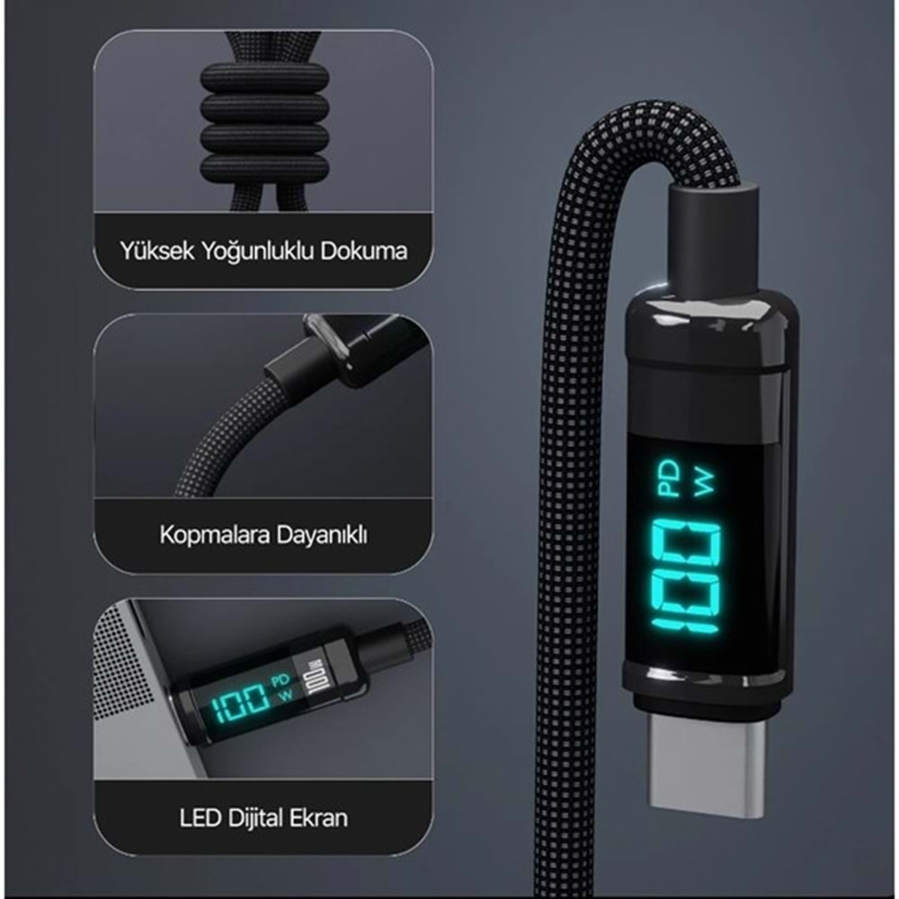 BIX 1metre BX09CC-BK 100w Dijital Ekranlı Şarj Kablosu Siyah