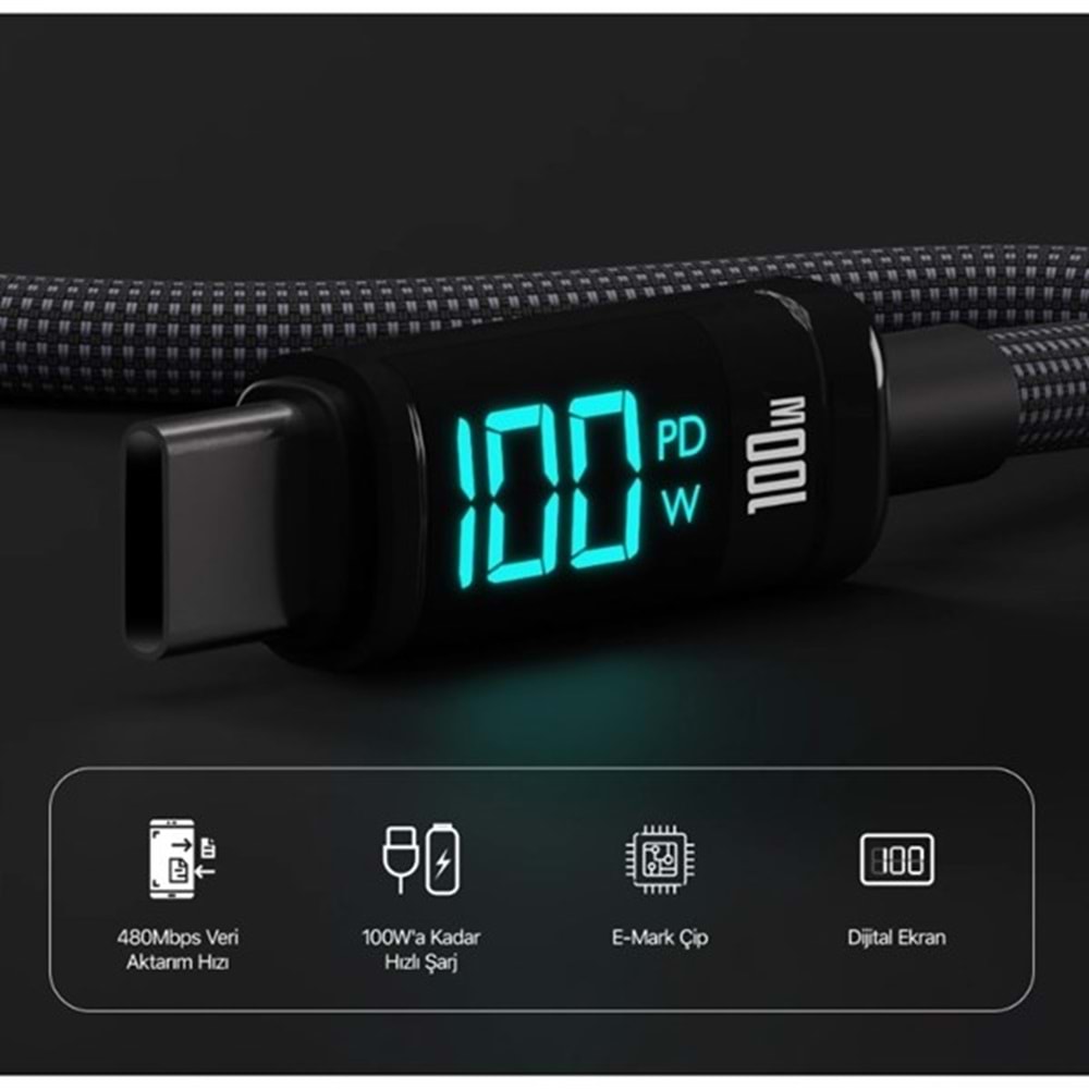 BIX 1metre BX09CC-BK 100w Dijital Ekranlı Şarj Kablosu Siyah