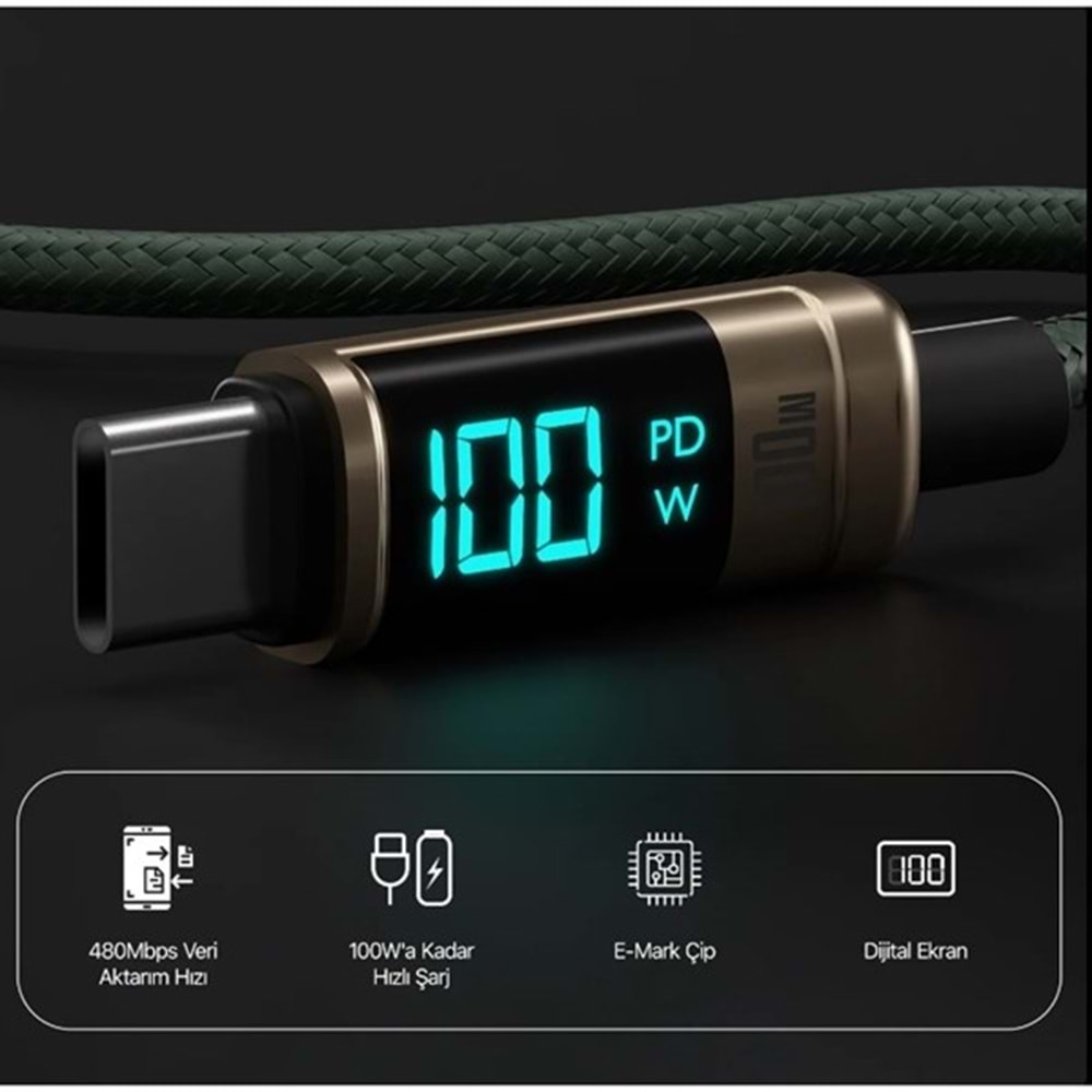 BIX 1metre BX09CC-BN 100w Dijital Ekranlı Şarj Kablosu Bronz