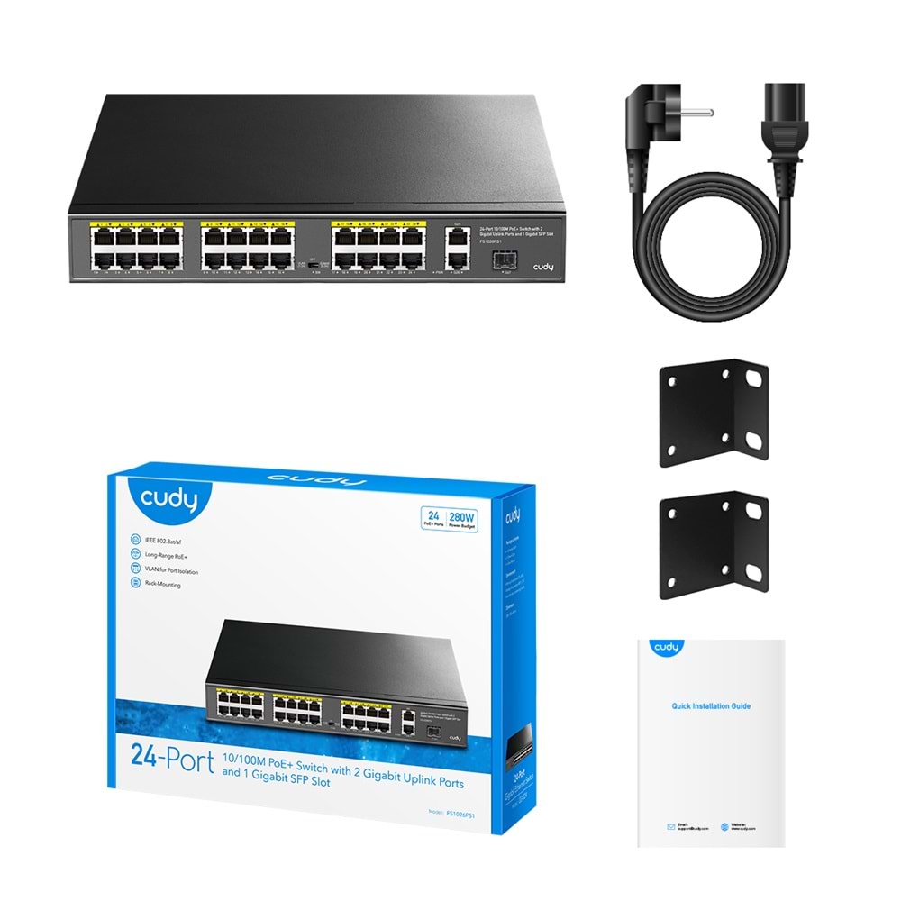 CUDY 24port PoE 300w 1-SFP 2-Uplink Gigabit Yönetilemez Switch FS1026PS1