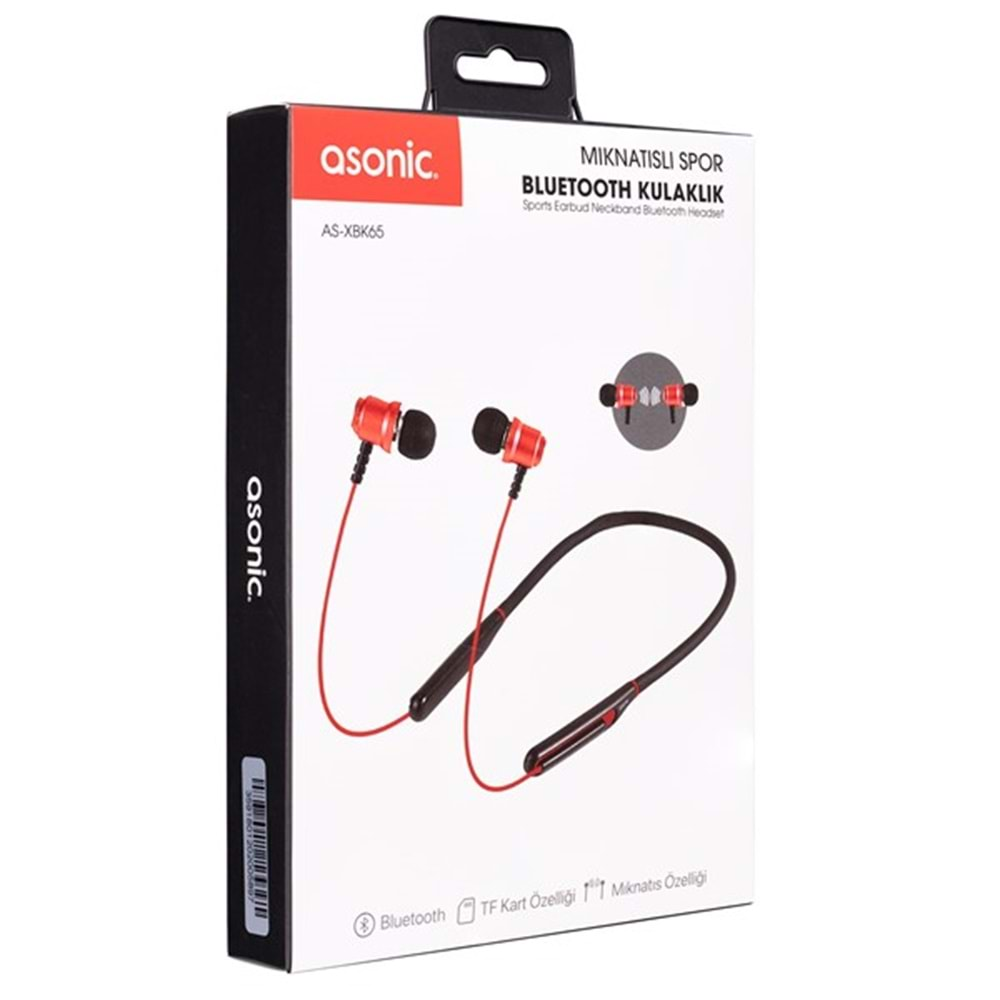 Asonic AS-XBK65 Kırmızı Boyun Askılı Mıknatıslı Bluetooth TF Kart Spor Kulak içi Kulaklık