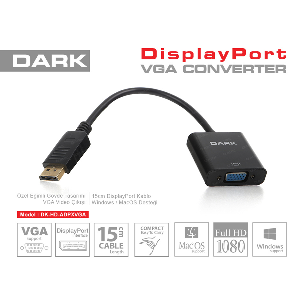 DARK DK-HD-ADPXVGA 0.15metre DP-VGA (D) Görüntü Adaptörü Siyah 