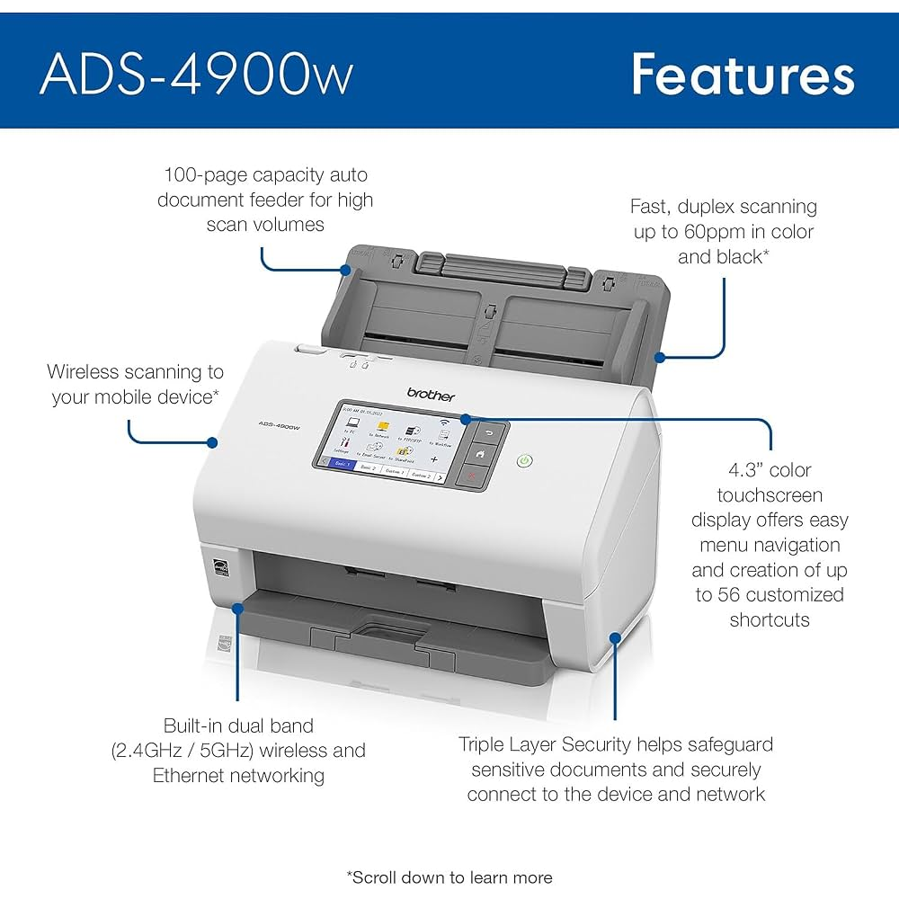 BROTHER A4 ADS-4900W 60ppm Duplex Kablosuz Ağ Tipi Dokunmatik Ekranlı Profesyonel Masaüstü Doküman Tarayıcı
