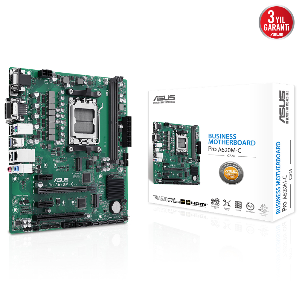 ASUS PRO A620M-C-CSM DDR5 HDMI-DVI-DP TYPEC PCIE 4.0 AM5 mATX Kurumsal Anakart