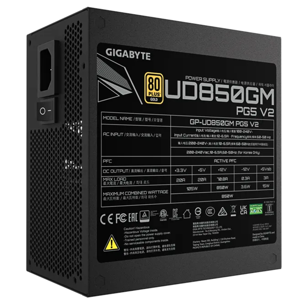 GIGABYTE 850W 80+ GOLD GP-UD850GM PG5 V2 Tam Modüler Power Supply