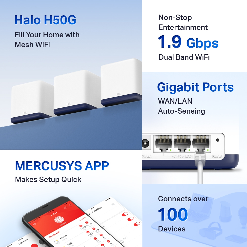 MERCUSYS Halo H50G AC1900 Dual Band Mesh Router 3lü Set