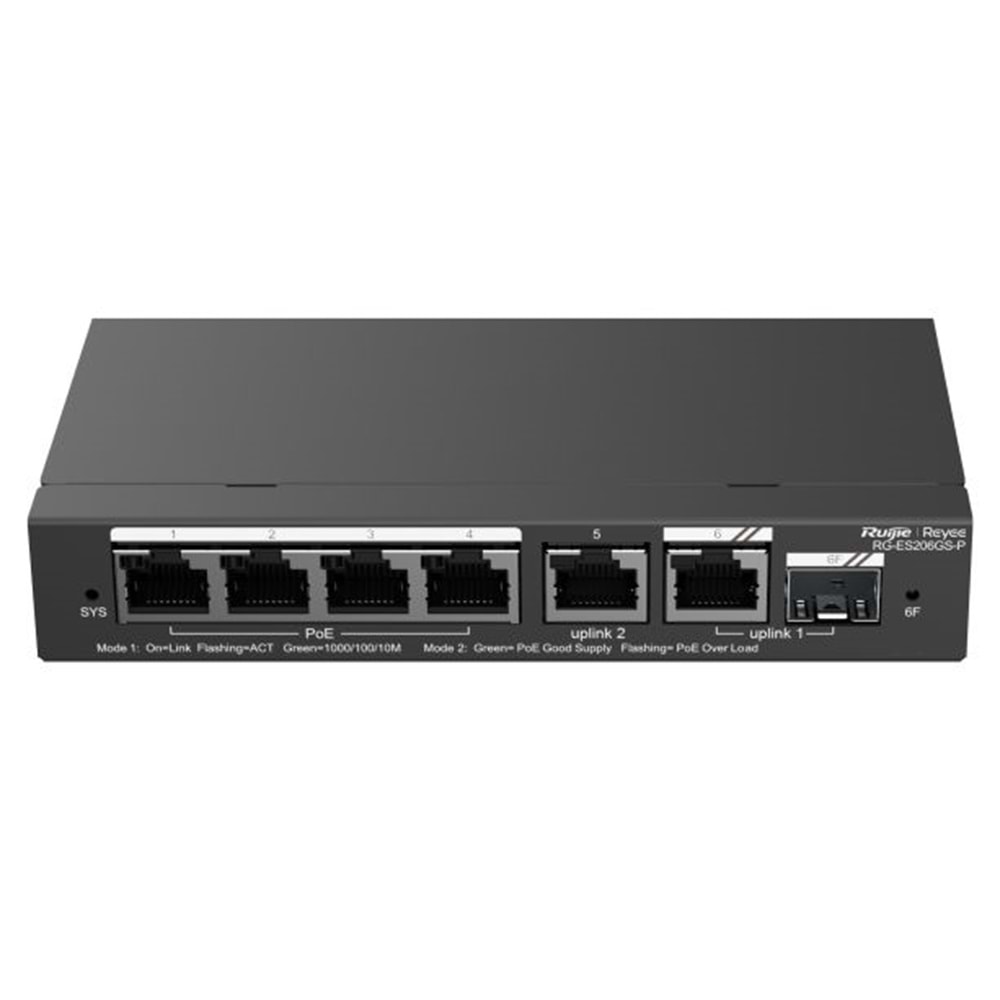 Ruijie Reyee RG-ES206GS-P 6 Portlu, 10/100/1000 Gigabit, Yönetilebilir Switch, 1 Gigabit Uplink, 1 Gigabit Combo, 4 Port PoE+