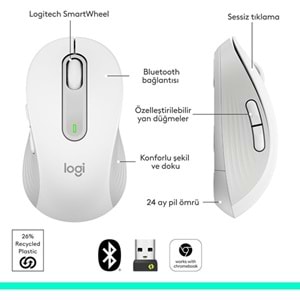LOGITECH M650 Kablosuz + Bluetooth Beyaz Mouse (910-006238)