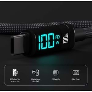 BIX 1metre BX09CC-BK 100w Dijital Ekranlı Şarj Kablosu Siyah