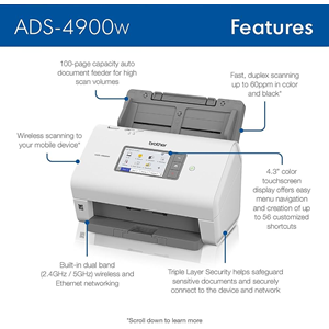 BROTHER A4 ADS-4900W 60ppm Duplex Kablosuz Ağ Tipi Dokunmatik Ekranlı Profesyonel Masaüstü Doküman Tarayıcı