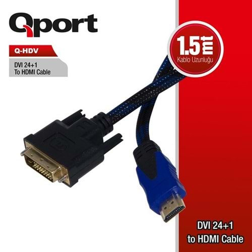 QPORT 1.5metre Q-HDV DVI (24+1)-HDMI Converter Çevirici Kablo
