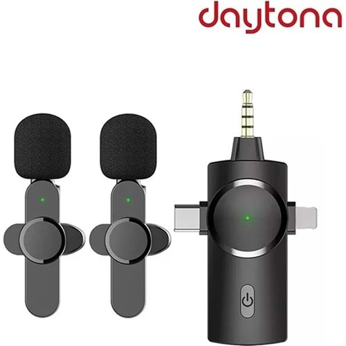 Daytona K9-C2 TYPE-C+Lightning kablosuz 2'li yaka mikrofonu (1Adet Kablosuz Alıcı + 2Adet Mikrofon) (3-in-1)