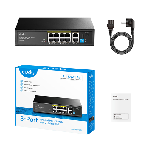 CUDY 8port PoE 120w 2-Uplink 10/100 Yönetilemez Switch FS1010PG
