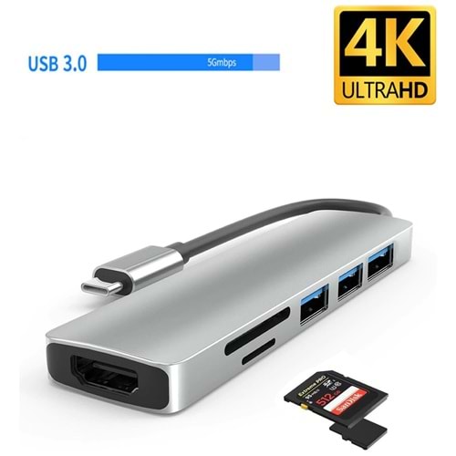 Daytona HC-13 6'lı USB Type-C Docking Station (Giriş:USB Tip-C => Çıkış:HDMI+3*USB3.0+SD+M.SD)