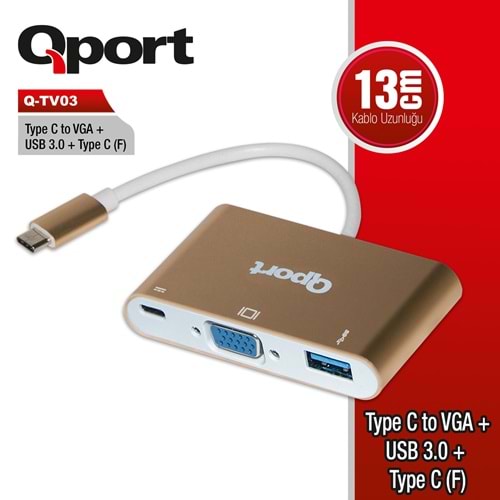 Qport Q-TV03 Tip-C=>VGA çevirici+USB3.0+Tip-C(D)