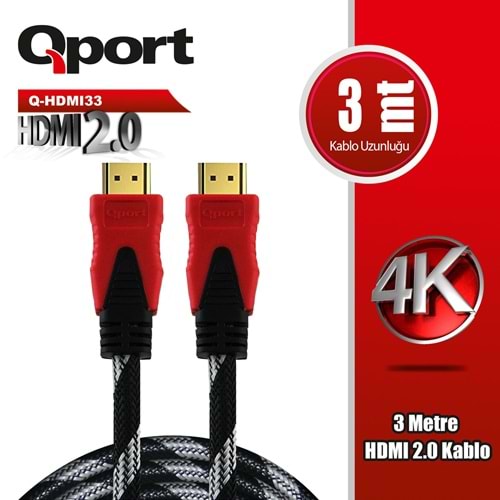 Qport Q-HDMI33 3m 2.0V 4K altın uçlu örgülü kablo