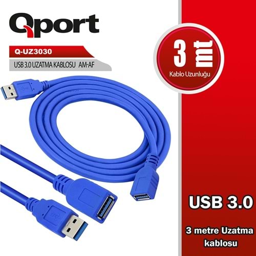 Qport Q-UZ3030 3m USB3.0 Uzatma kablosu