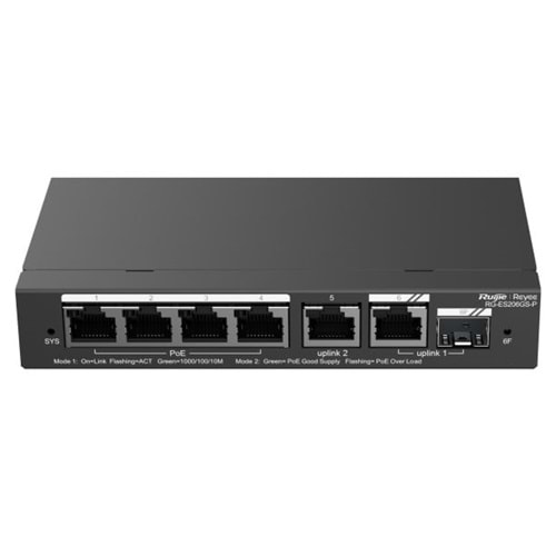 Ruijie Reyee RG-ES206GS-P 6 Portlu, 10/100/1000 Gigabit, Yönetilebilir Switch, 1 Gigabit Uplink, 1 Gigabit Combo, 4 Port PoE+