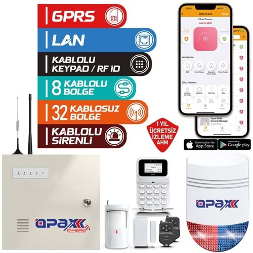 OPAX-2747+BGR-10+AKÜ GPRS&LAN ALARM PANELİ BGR-10 KABLOLU SİRENLİ FULL SET