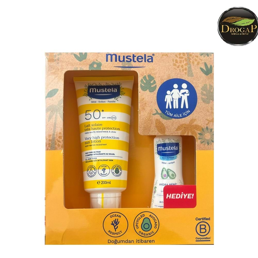 MUSTELA BEBEK GÜNEŞ LOSYONU SPF50+ TÜM AİLE İÇİN 200 ML + MUSTELA HYDRA BODY LOSYON 100 ML HEDİYELİ