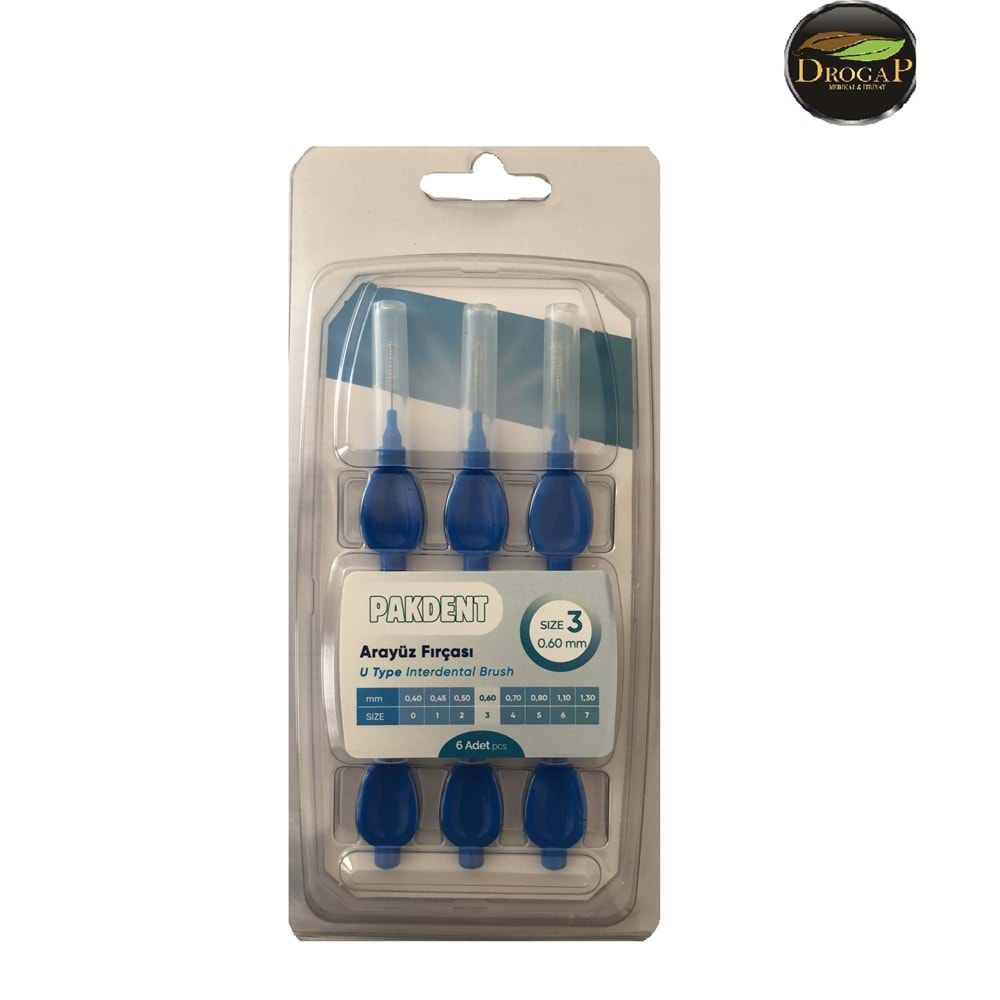 PAKDENT ARA YÜZ FIRÇASI 0,60 MM 6 LI PAKET ( U TYPE ) NO : 3 MAVİ