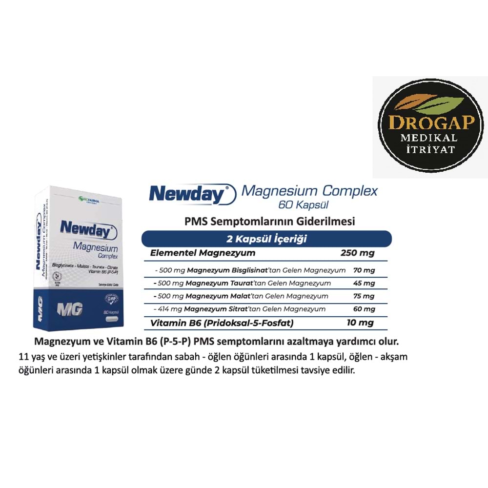 NEWDAY MAGNEZYUM COMPLEX 60 KAPSÜL ( GLİSİNAT&MALAT&TAURAT&SİTRAT )