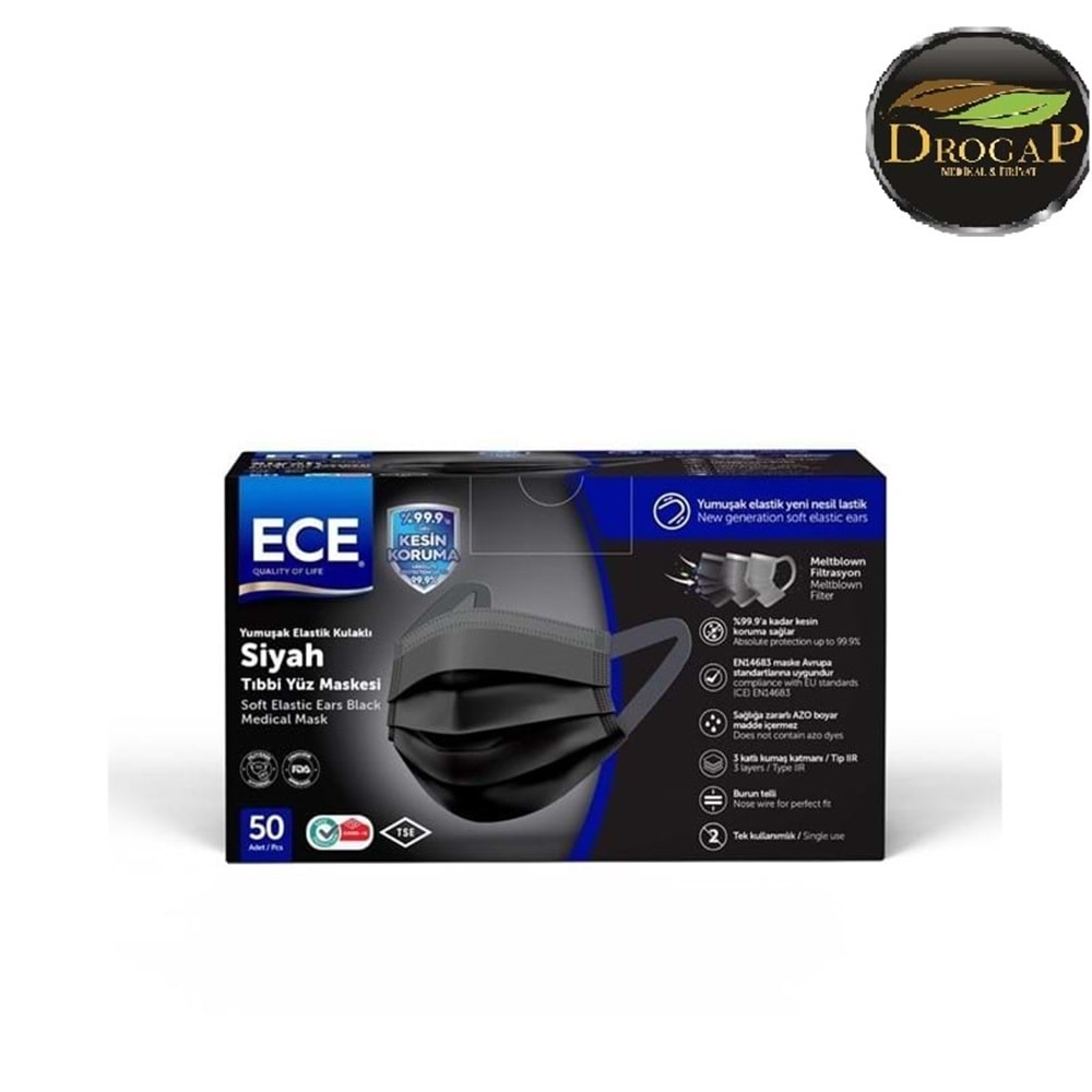ECE CERRAHİ MASKE MELTBLOWN GÖVDEDEN LASTİKLİ 50 Lİ PAKET ( SİYAH )