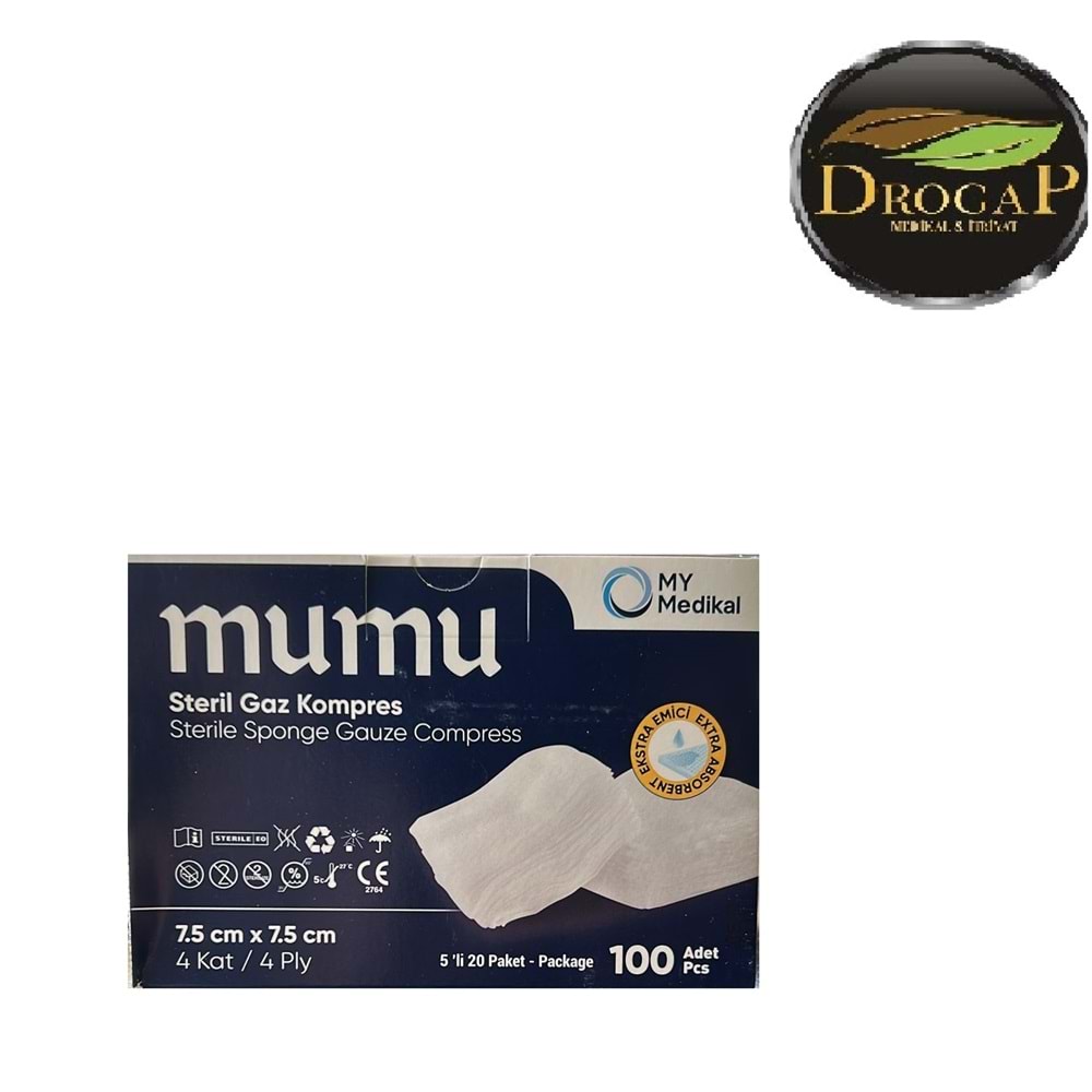 MUMU STERİL GAZ KOMPRES GAZLI BEZ 7,5 X 7,50 CM 4 KATLI 5 Lİ 20 PAKET 100 ADET