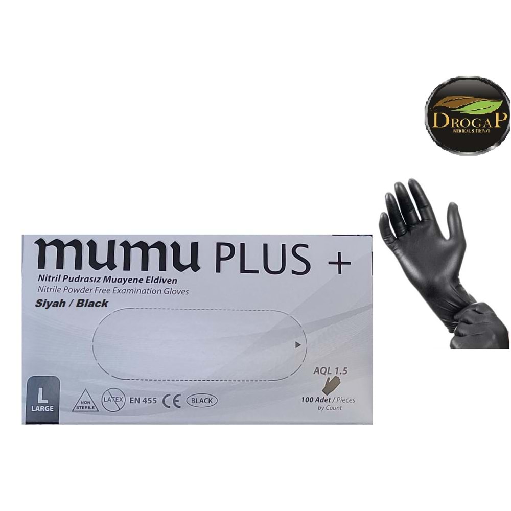 MUMU PLUS + MUAYENE ELDİVENİ NİTRİL PUDRASIZ ( LARGE ) ( SİYAH )