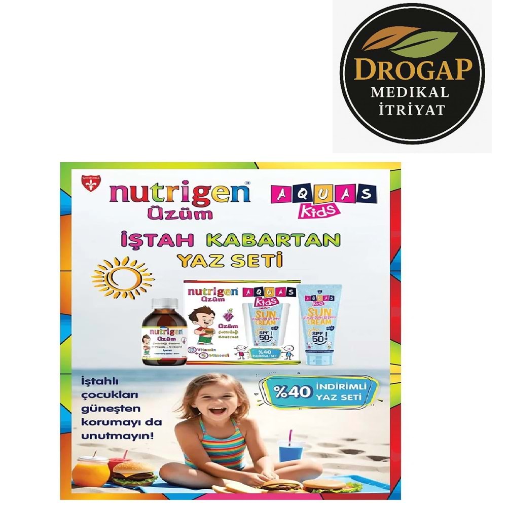 NUTRİGEN ÜZÜM ŞURUP 200 ML + AQUAS KİDS GÜNEŞ KREMİ SPF 50+ 100 ML HEDİYELİ KOFRE PAKET