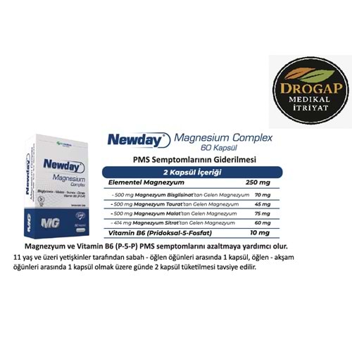 NEWDAY MAGNEZYUM COMPLEX 60 KAPSÜL ( GLİSİNAT&MALAT&TAURAT&SİTRAT )