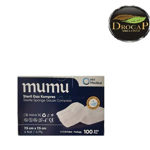MUMU STERİL GAZ KOMPRES GAZLI BEZ 7,5 X 7,50 CM 4 KATLI 5 Lİ 20 PAKET 100 ADET