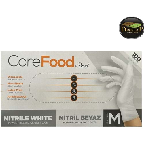 CORE FOO MUAYENE ELDİVENİ PUDRASIZ LATEX İÇERMEZ ( NİTRİL BEYAZ )( LARGE )