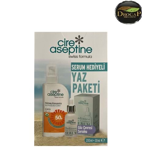 CİRE ASEPTİN GÜNEŞ KORUYUCU LOSYON 200 ML SPF 50+ & GÖZ ÇEVRESİ SERUMU 30 ML HEDİYELİ KOFRE PAKET