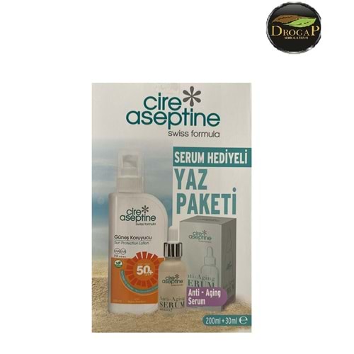 CİRE ASEPTİN GÜNEŞ KORUYUCU LOSYON 200 ML SPF 50+ & ANTİ AGİNG SERUM 30 ML HEDİYELİ KOFRE PAKET