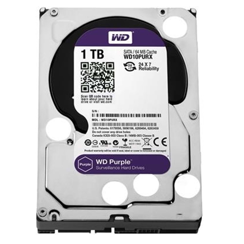 1TB 3.5 WD SATA 64MB PURPLE WD10PURZ 7/24 ( 3 Yıl Garanti )