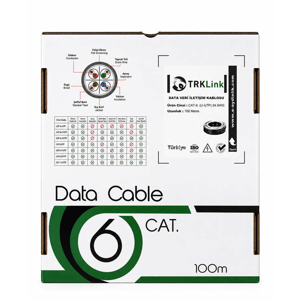 TRKLink CAT6 EKO 24AWG 0,51mm U/UTP CCA KABLO 100MT KUTU PVC
